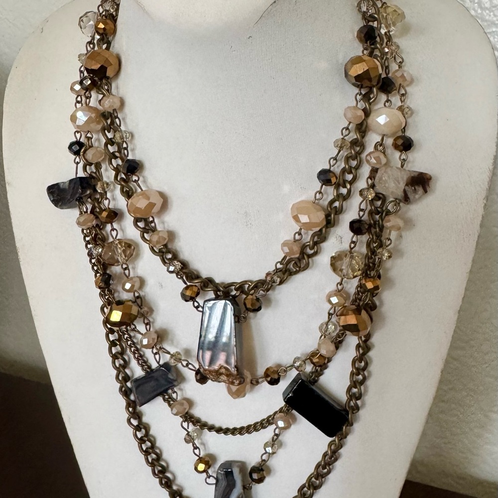 Layered Chain & Agate Stone Statement Necklace